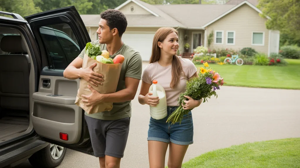 A couple unloads groceries from their car outside their Gastonia home on a sunny day