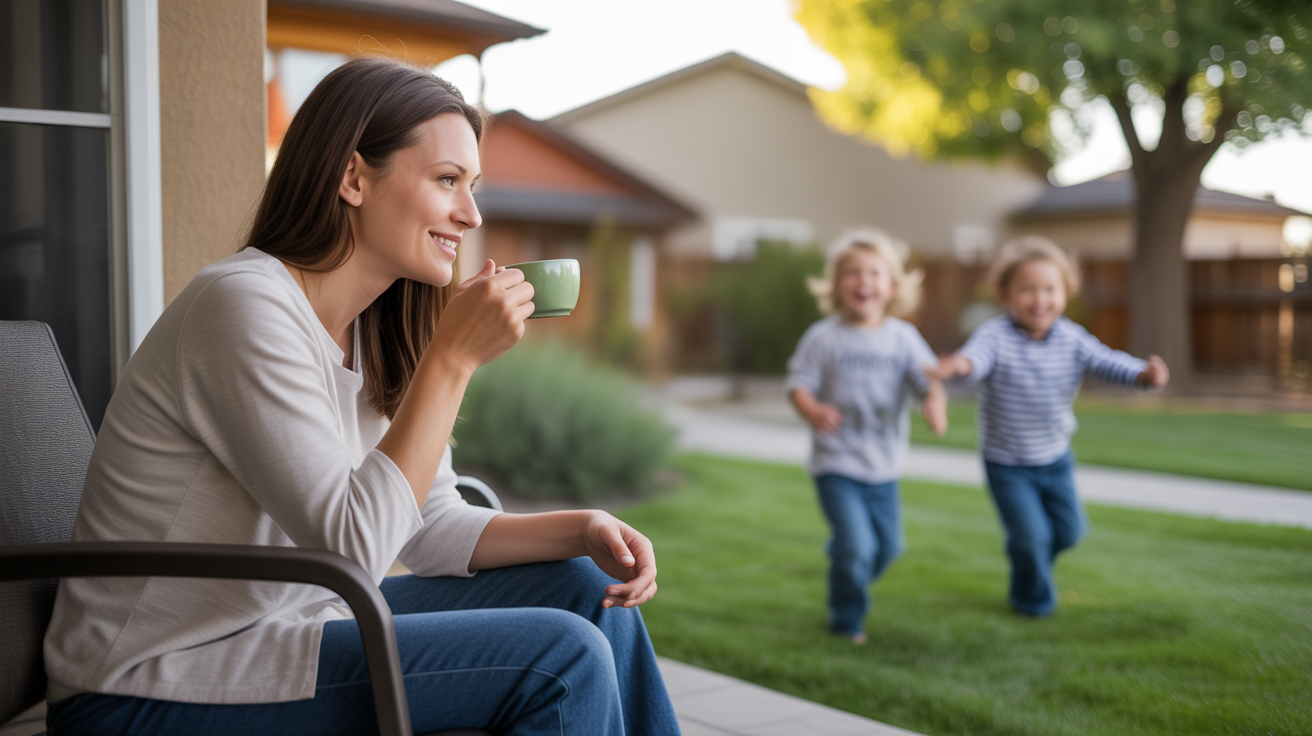 Woman drinking coffee on patio while watching children play in backyard in Lone Tree, Colorado neighborhood
