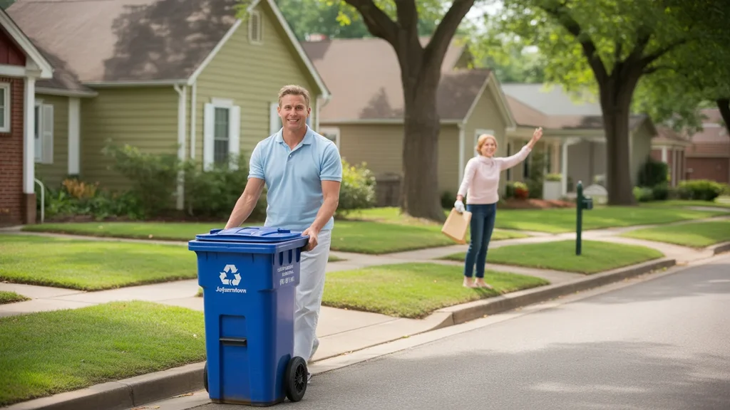 Man rolling recycling bin to curb in front of suburban home in Jeffersontown, KY