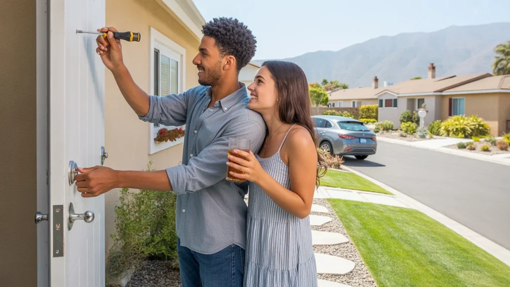 Couple outside Fontana home, man fixing door handle, woman watching and smiling