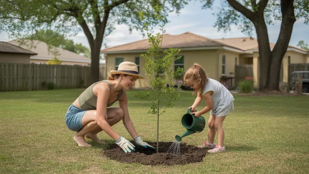 Woman and daughter planting shade tree in backyard of Orlando home
