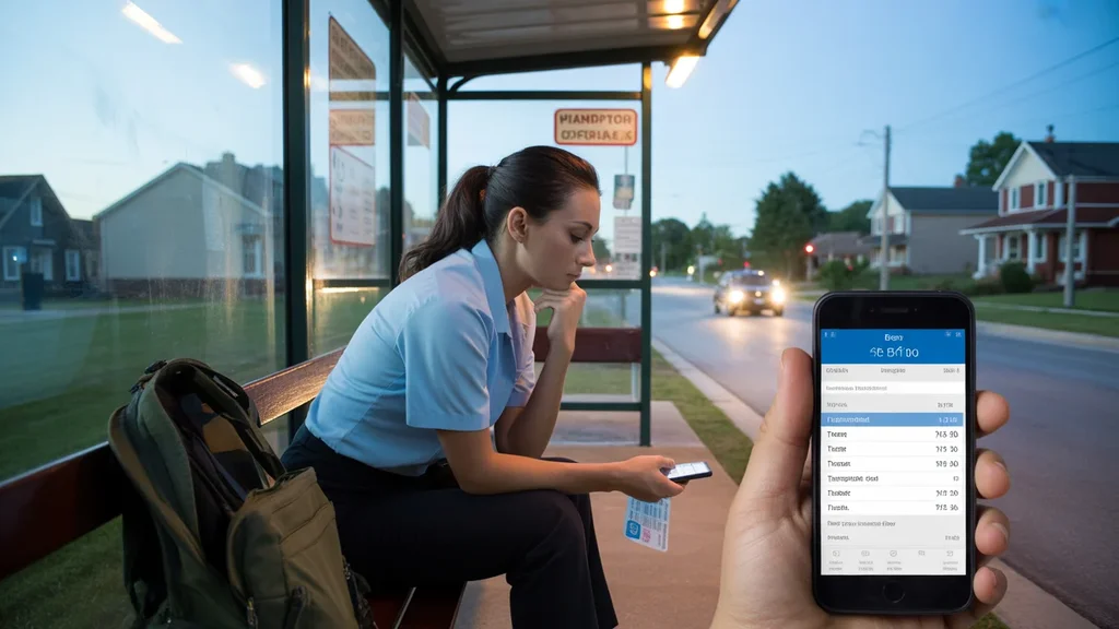 Tired waitress checking her budget app while waiting for the bus at dusk in Hermitage, TN