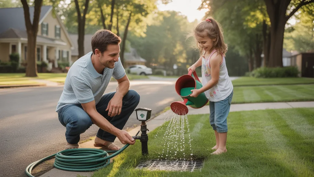 Father and daughter conserving water while tending lawn of Hendersonville home