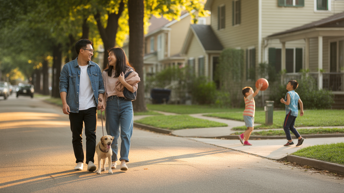 A couple walking their dog on a peaceful residential street in Westminster, California