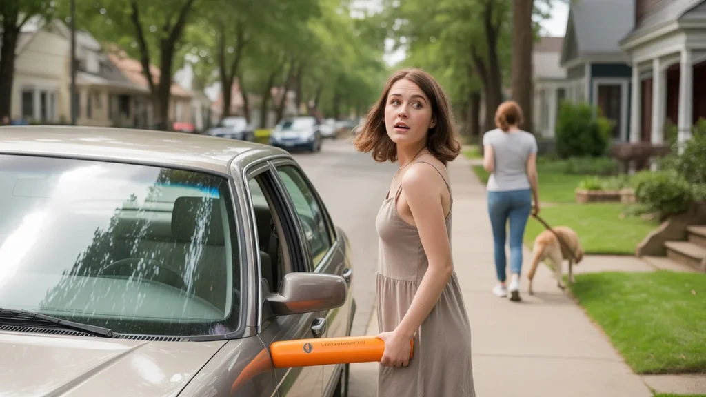A surprised young woman discovers a parking enforcement boot on her car in a Nashville residential neighborhood.