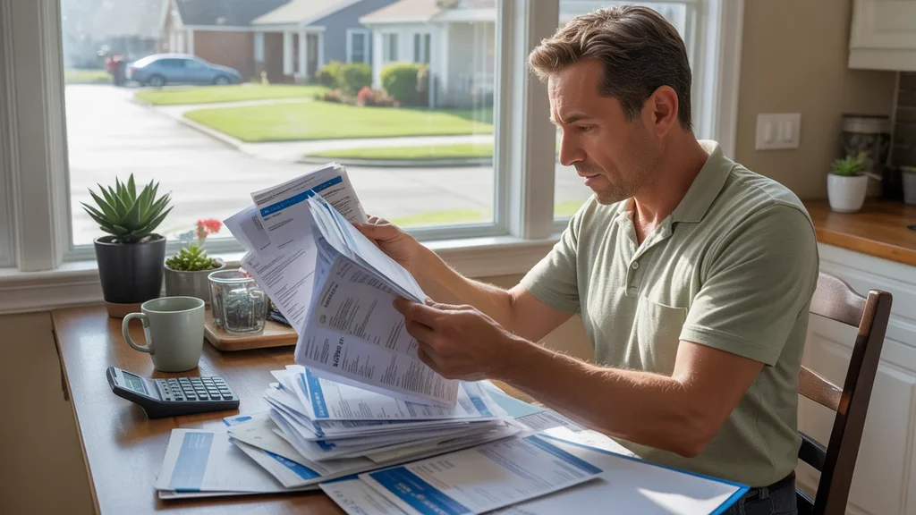 Man reviewing utility bills and fees at kitchen table in Norman, Oklahoma home