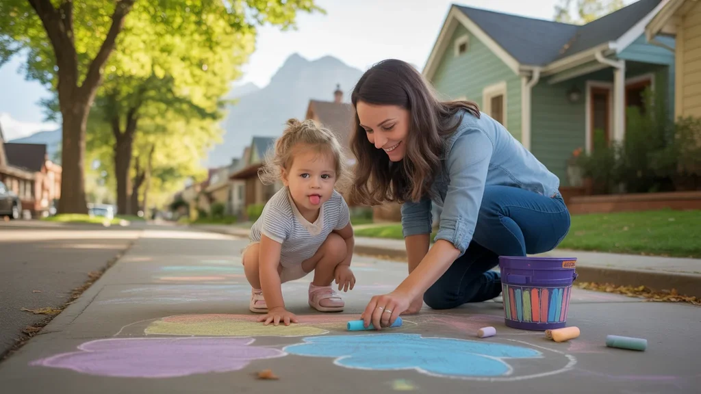 A mother helps her young daughter draw a colorful chalk mural on the sidewalk in front of their Denver home.
