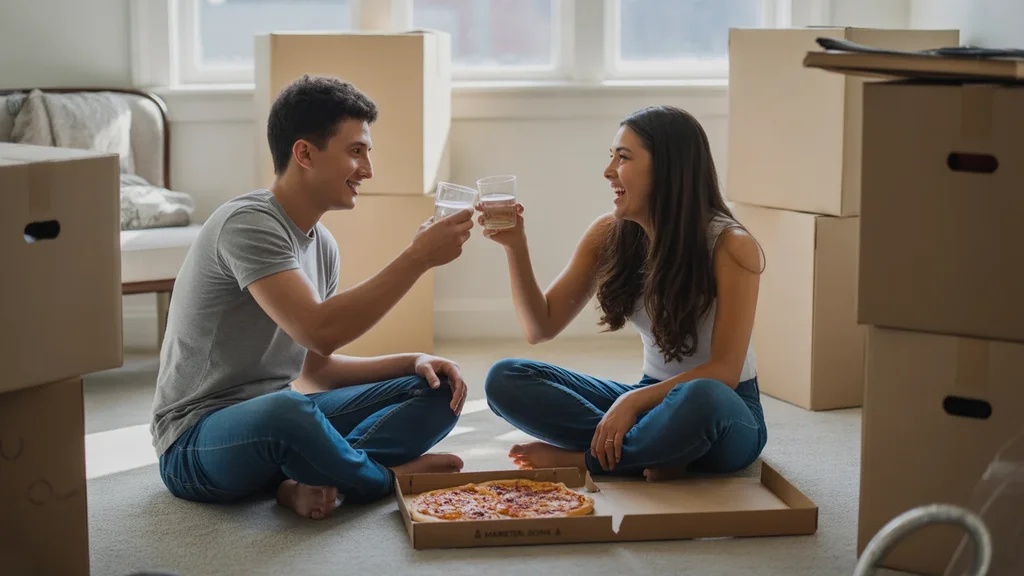 Young couple eating pizza on floor of new apartment in Marietta, GA, surrounded by moving boxes