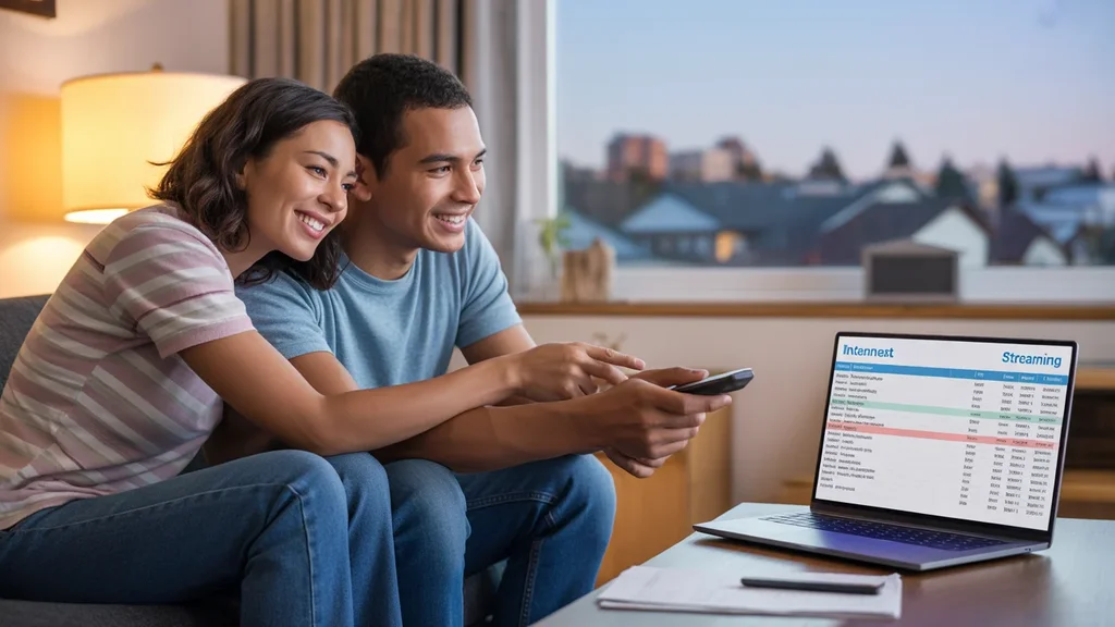 A couple in Tualatin reviews their internet and streaming expenses while relaxing at home.