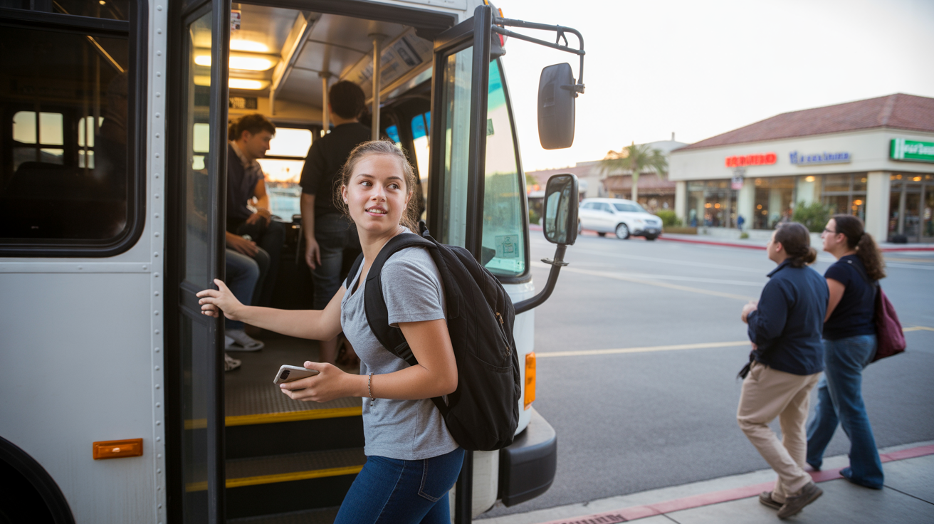 A student boards a local bus near a strip mall in Mission Viejo, CA at sunset.