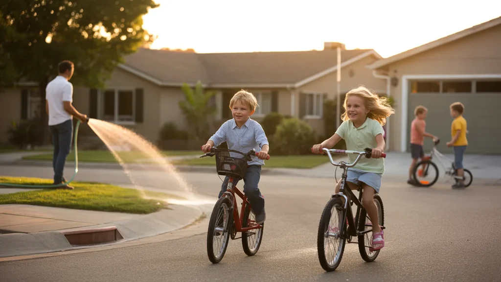 Kids riding bikes on a quiet Murrieta cul-de-sac at sunset while a father waters the lawn