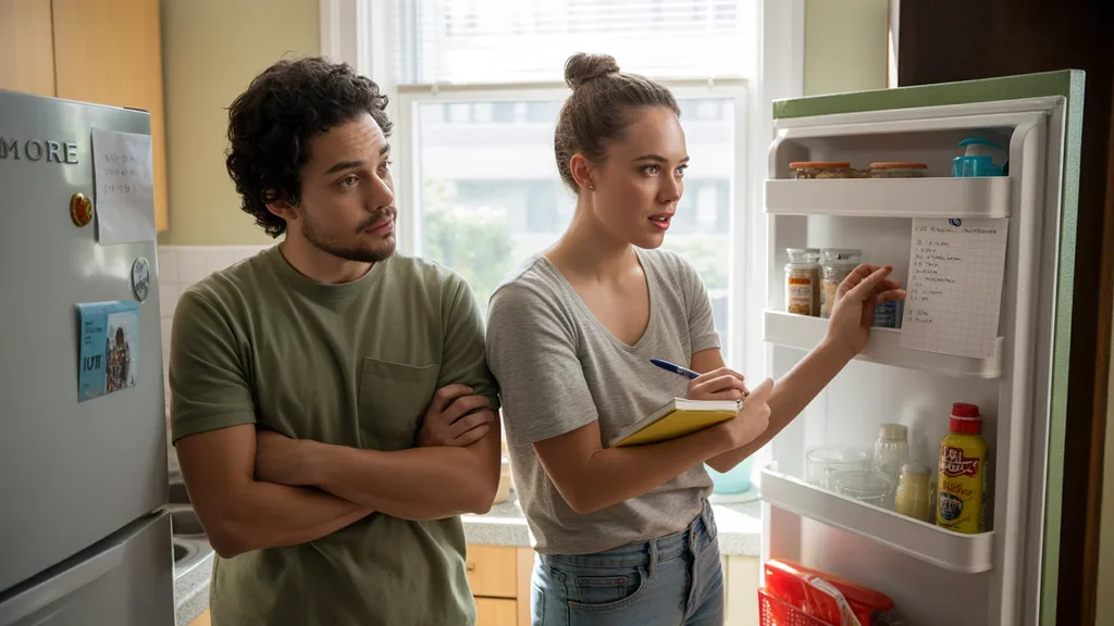 Two roommates checking their fridge and pantry before making a grocery list in their Moore apartment kitchen