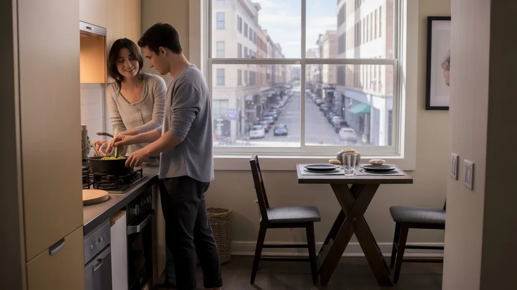 A couple cooks dinner together in their modern Irving apartment kitchen