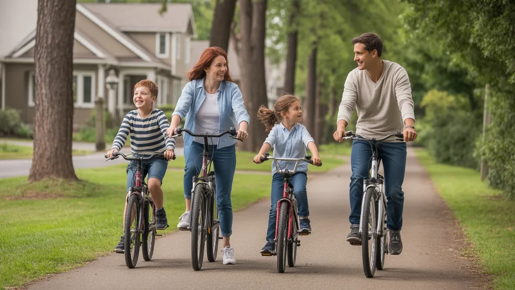A family enjoys a relaxing bike ride together on a pleasant trail in Beaverton, Oregon