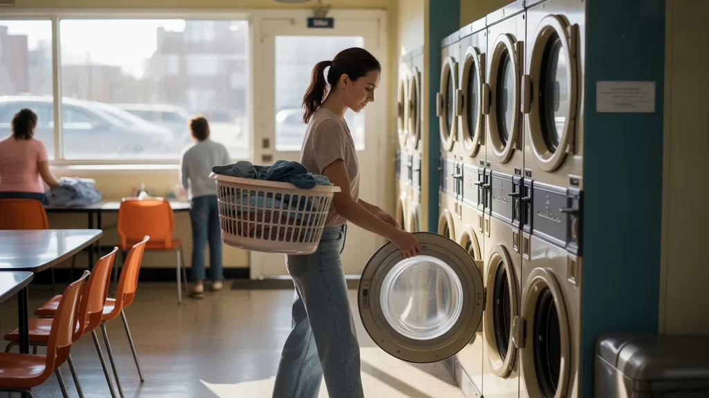 Woman loading laundry into washing machine at laundromat in Evanston, IL