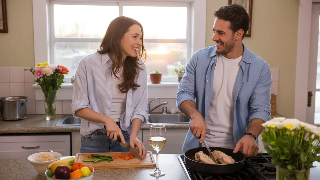 Couple cooking dinner together in kitchen of modest West Valley City home