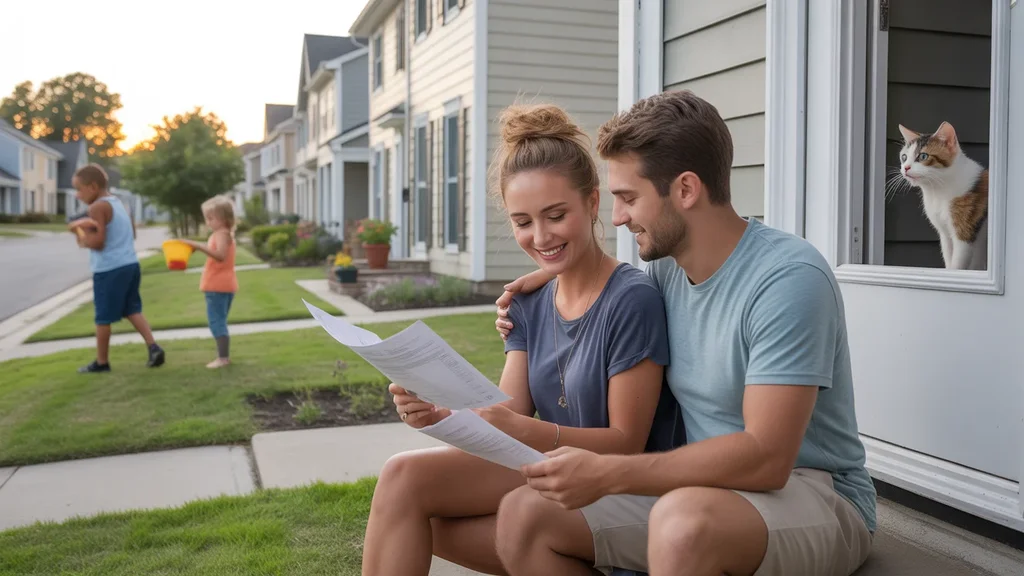 Young couple reviewing paperwork on front steps of new townhome in Madison, TN suburb at sunset