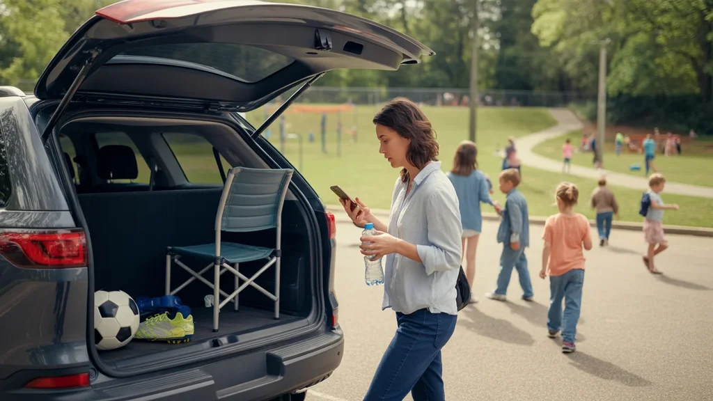 A parent packing sports gear into their car at a park in Roswell, GA