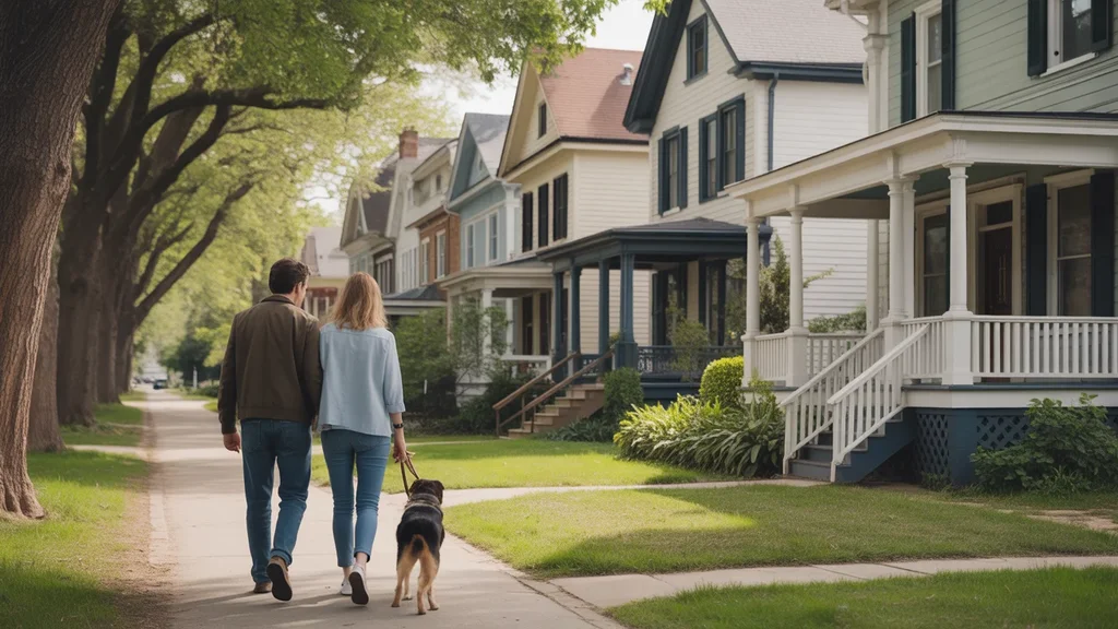 Couple walking dog past historic homes in Evanston, Illinois