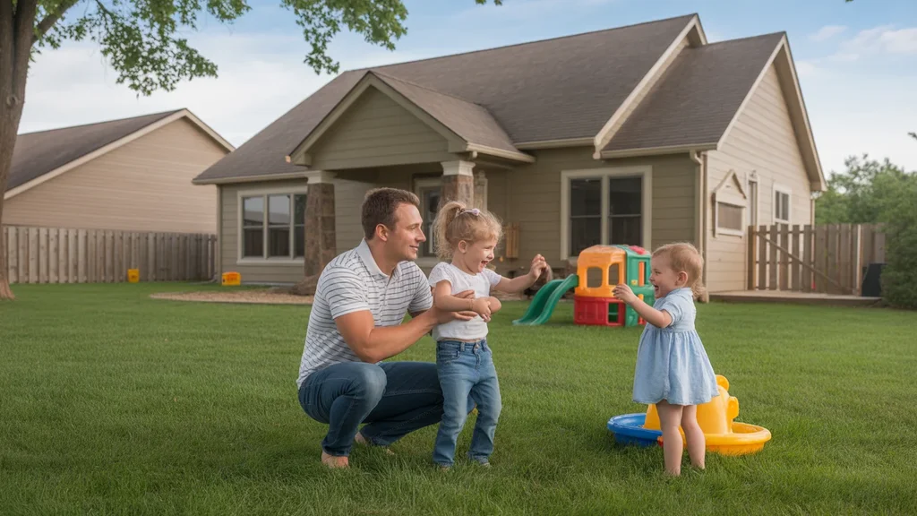 Family playing in spacious backyard of suburban Aurora home