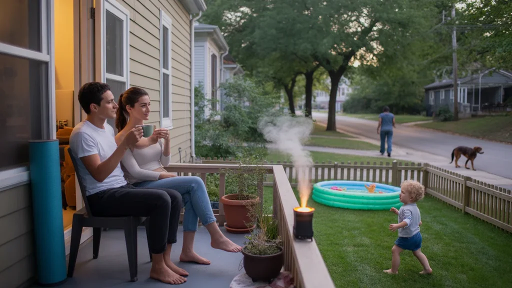 Couple relaxing on back porch while child plays in yard in Durham neighborhood at dusk
