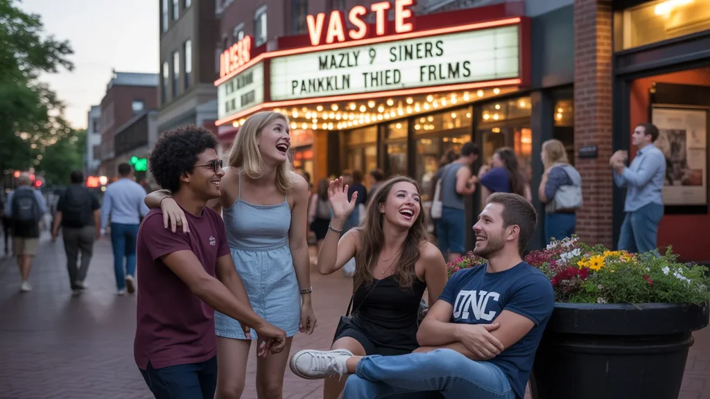 A group of diverse friends in their 20s and 30s talking and laughing outside an independent movie theater in Chapel Hill, NC at dusk.