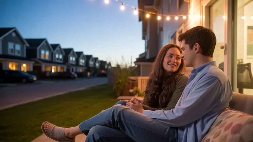 Couple relaxing on apartment patio at dusk with houses visible in background