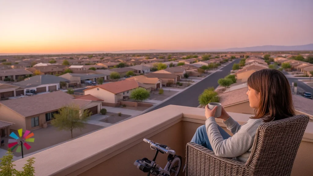 Aerial view of a peaceful Gilbert, AZ neighborhood at sunrise, with a person drinking coffee on their balcony