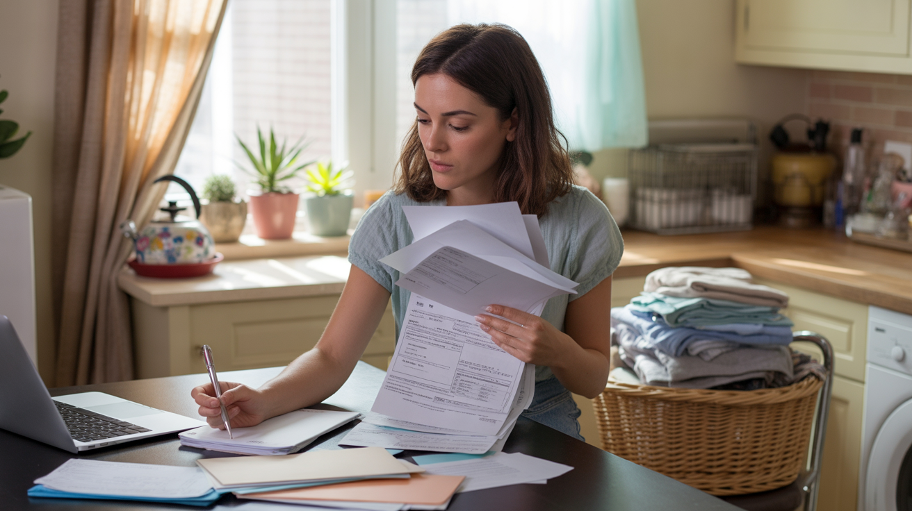 Woman reviewing utility bills and budget at kitchen table in Westminster apartment