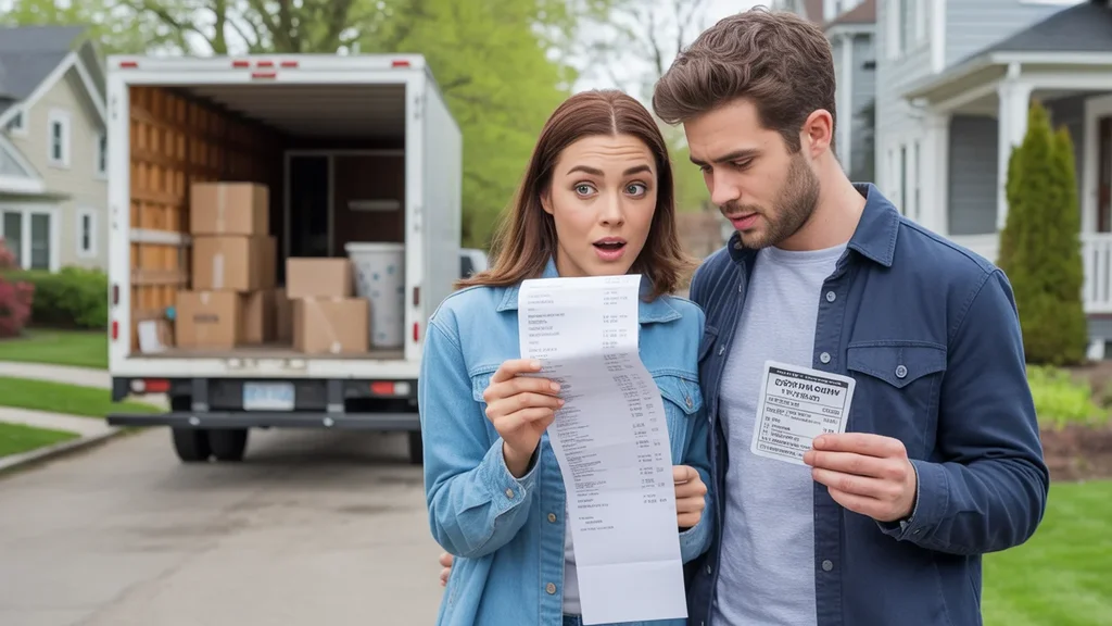 A couple unpacking a moving truck looks surprised by long receipt and parking ticket