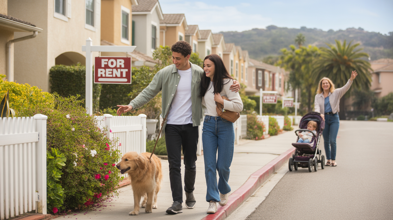 Couple walks dog past townhouses and homes for rent and sale in Mission Viejo neighborhood