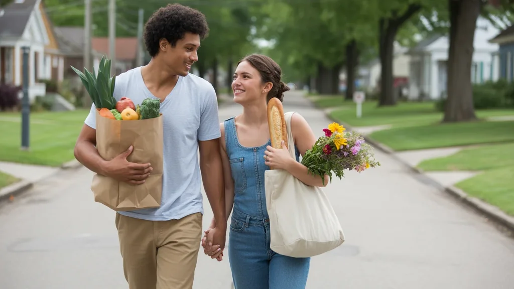 Couple in Versailles KY walking home from the grocery store on a sunny day