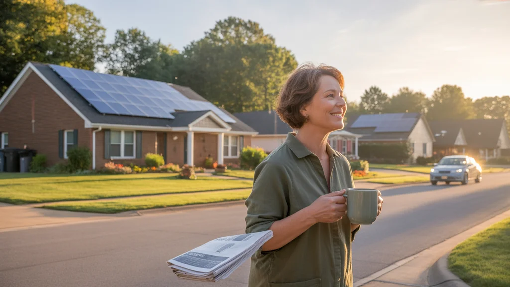 Sunrise over a suburban home with solar panels in Smyrna, TN