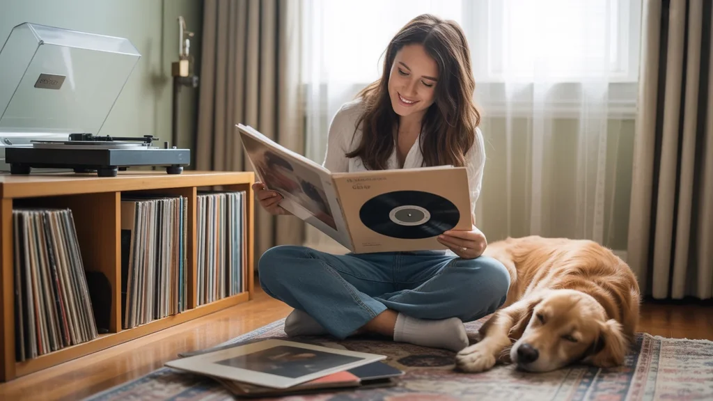 Woman browsing vinyl records next to a turntable and dog in a sunlit Versailles living room