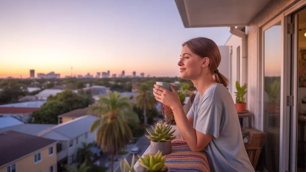 Woman drinking coffee on Orlando apartment balcony at sunrise