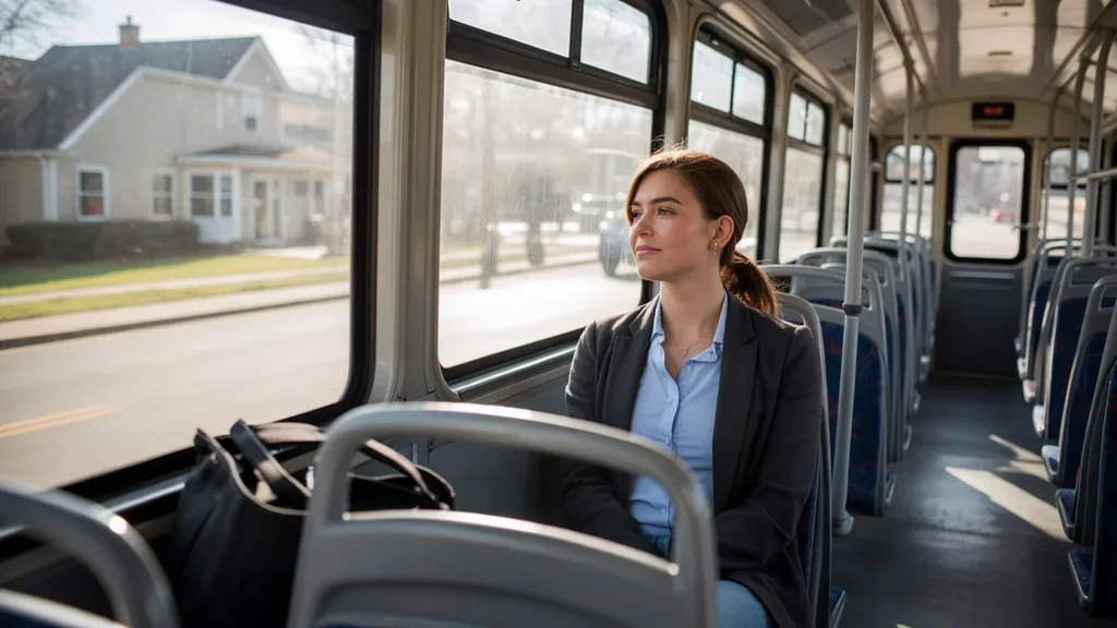 A young woman commuting alone on a nearly empty bus in Versailles, KY in the early morning.