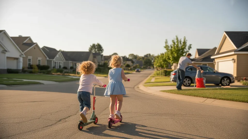Children riding scooters together on sidewalk in quiet Brentwood cul-de-sac at sunset
