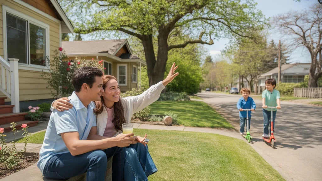 Couple sitting on porch watching kids ride scooters in Tigard neighborhood