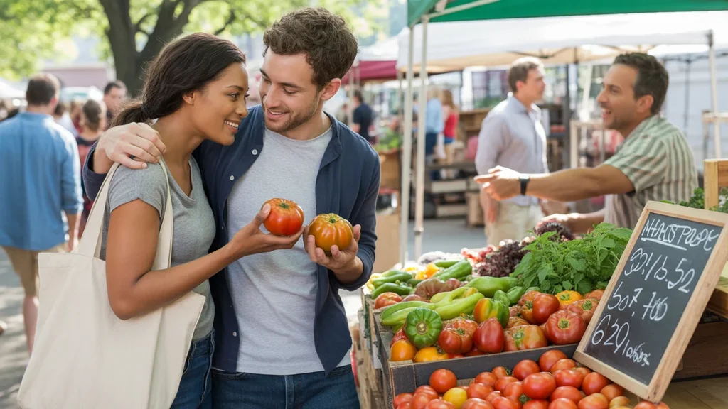 A couple compares tomatoes at a farmers market stand in Shively, Kentucky