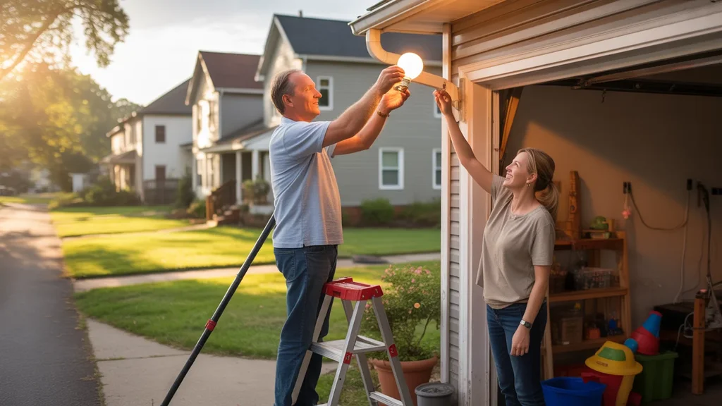 Man changing lightbulb outside garage of suburban home in Georgetown, Kentucky