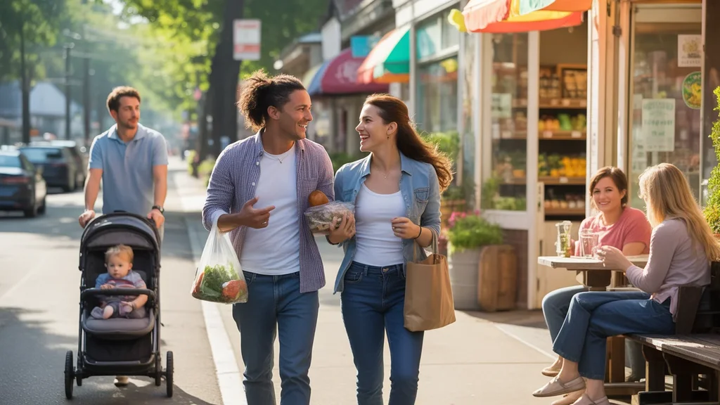 Two friends chat about dinner plans while leaving a neighborhood grocery store in Tualatin, Oregon on a summer evening.