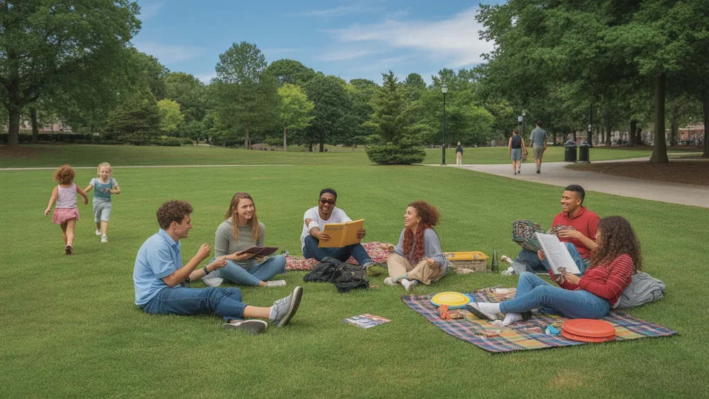 Friends relaxing on picnic blankets on a sunny day in a public park in Apex, North Carolina