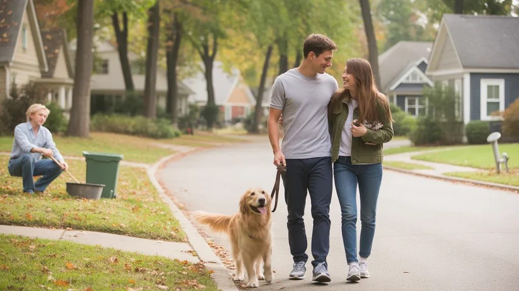 Couple walking dog in Brentwood neighborhood with houses and townhomes