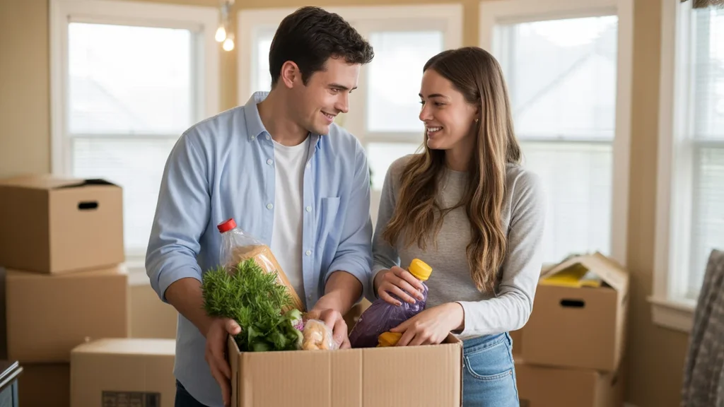 Couple unpacking groceries in new home kitchen in Moore, Oklahoma
