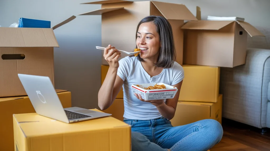 Woman eating takeout on floor of Midwest City apartment with moving boxes