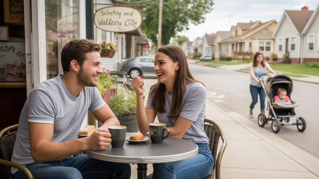 Two roommates enjoying coffee outside local café in West Valley City, Utah neighborhood