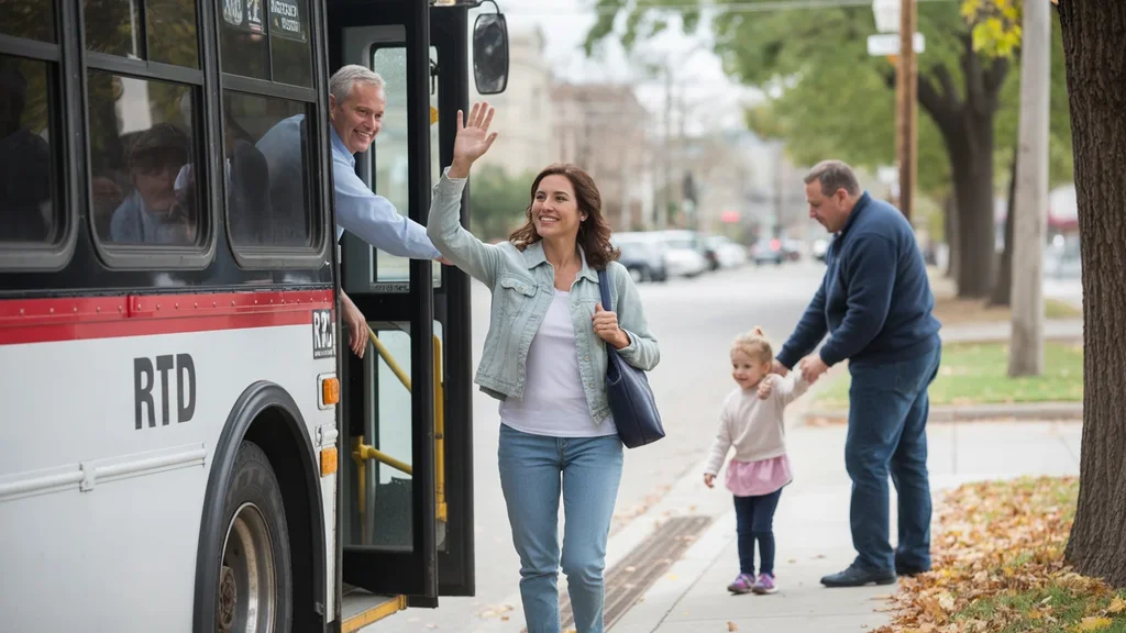 Woman waving at bus driver while exiting RTD bus on residential Denver street