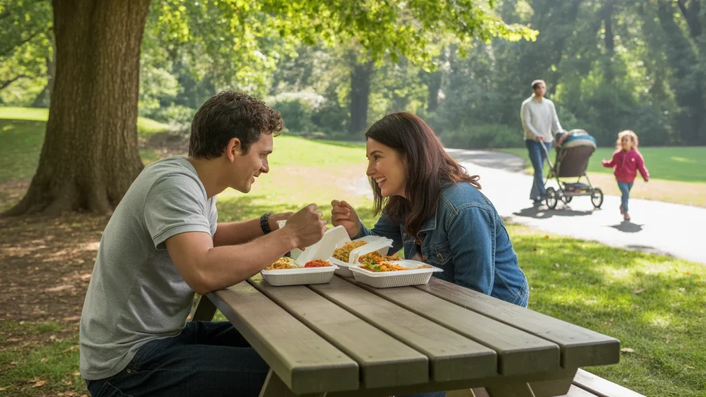 Two friends sharing a meal at a picnic table in a Tigard park