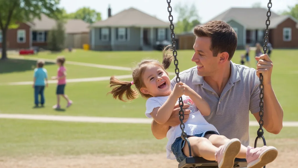 Father pushing daughter on swing at neighborhood park in Midwest City, OK