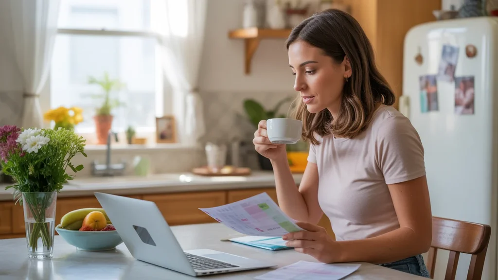 Woman reviewing monthly budget at kitchen table in Richmond, KY home